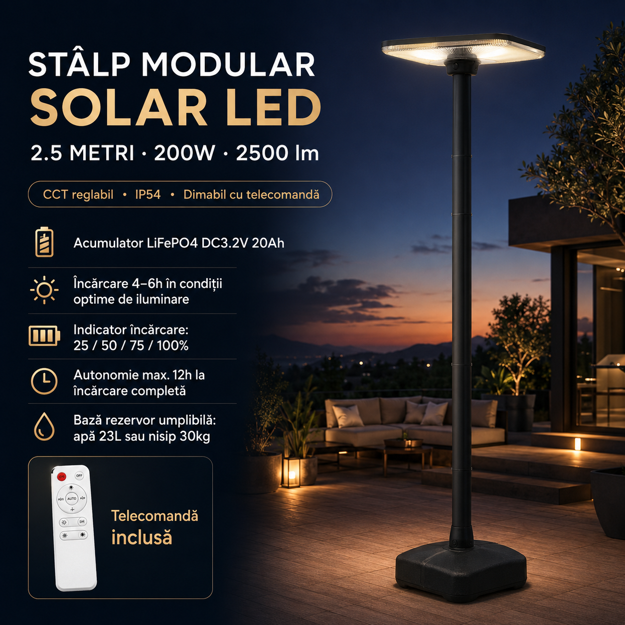Stalp Modular Solar LED 2.5 Metri 200W, 2500lm, CCT, IP54, Dimabil cu Telecomanda