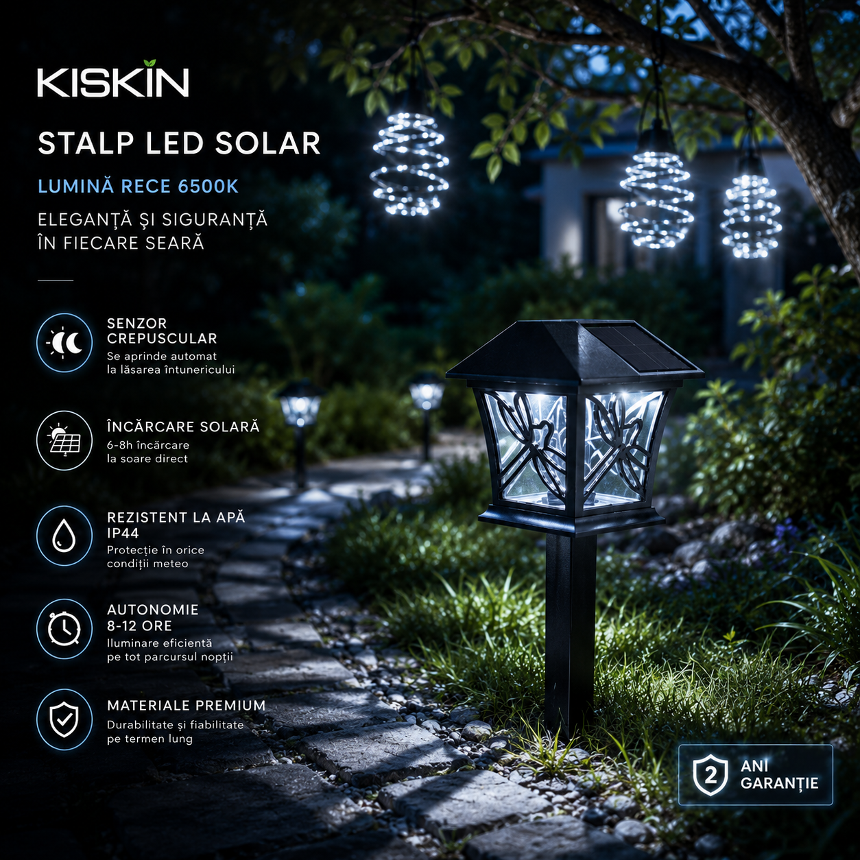 Stalp LED Gradina KISKIN 40cm cu Incarcare Solara, IP44, 6500K