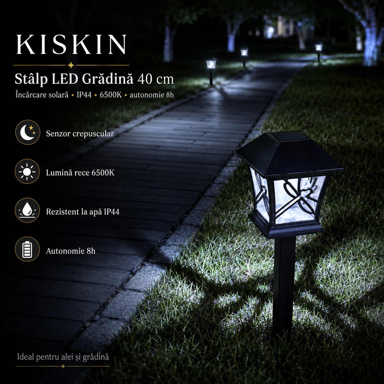 Stalp LED Gradina KISKIN 40cm cu Incarcare Solara, IP44, 6500K