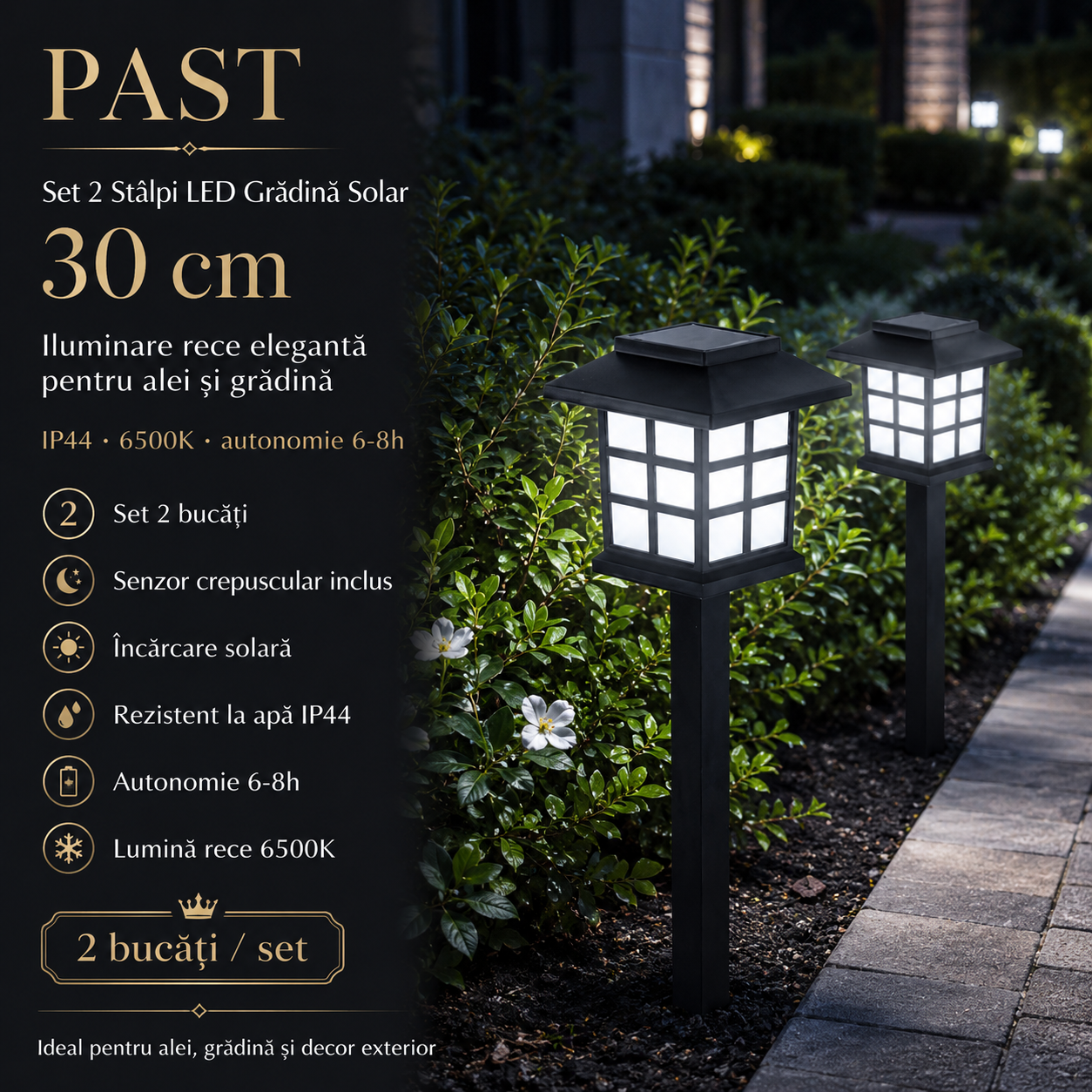 Set 2 Stalpi LED Gradina Solar PAST 30cm, IP44, 6500K