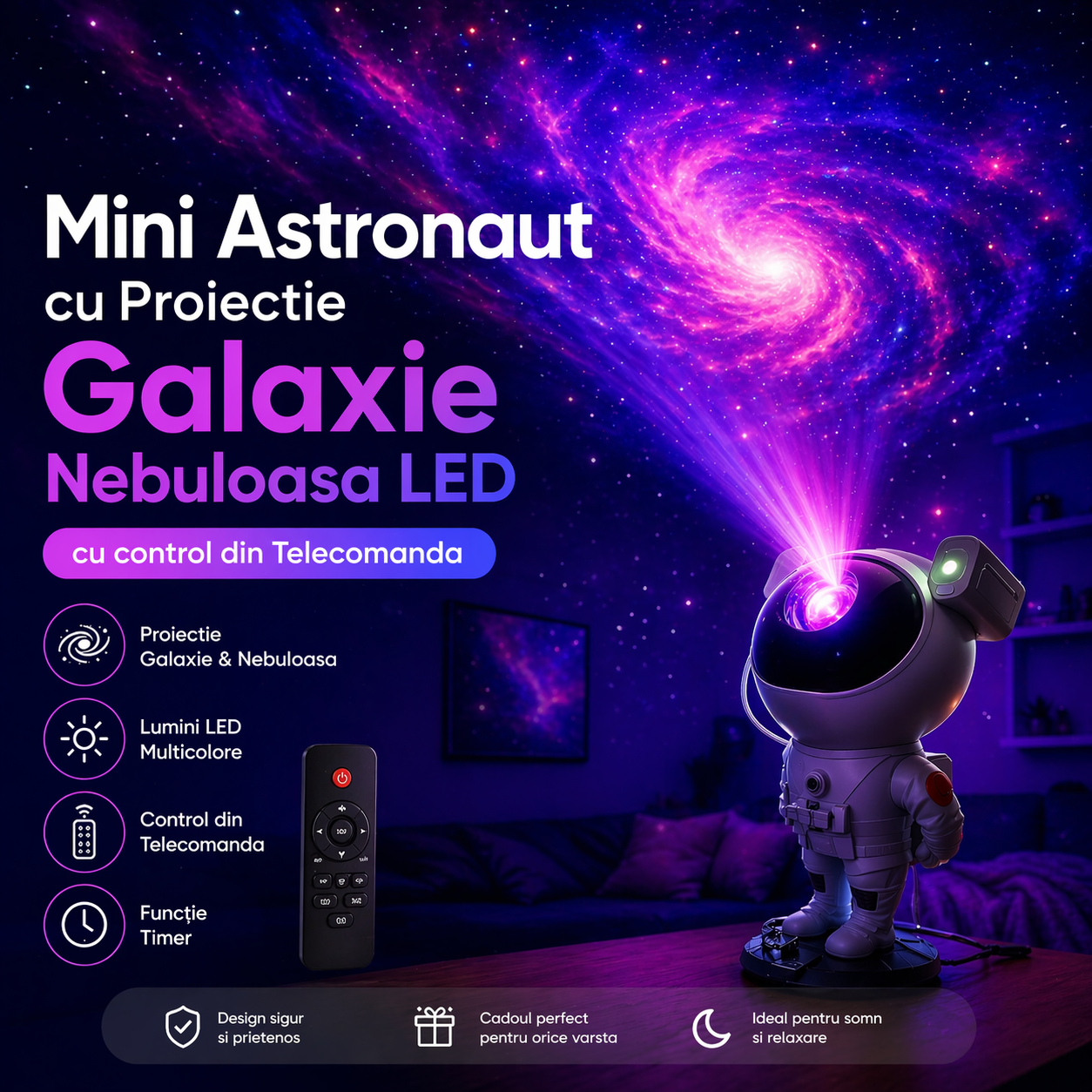 Mini Astronaut Proiectie Galaxie Nebuloasa LED cu Telecomanda