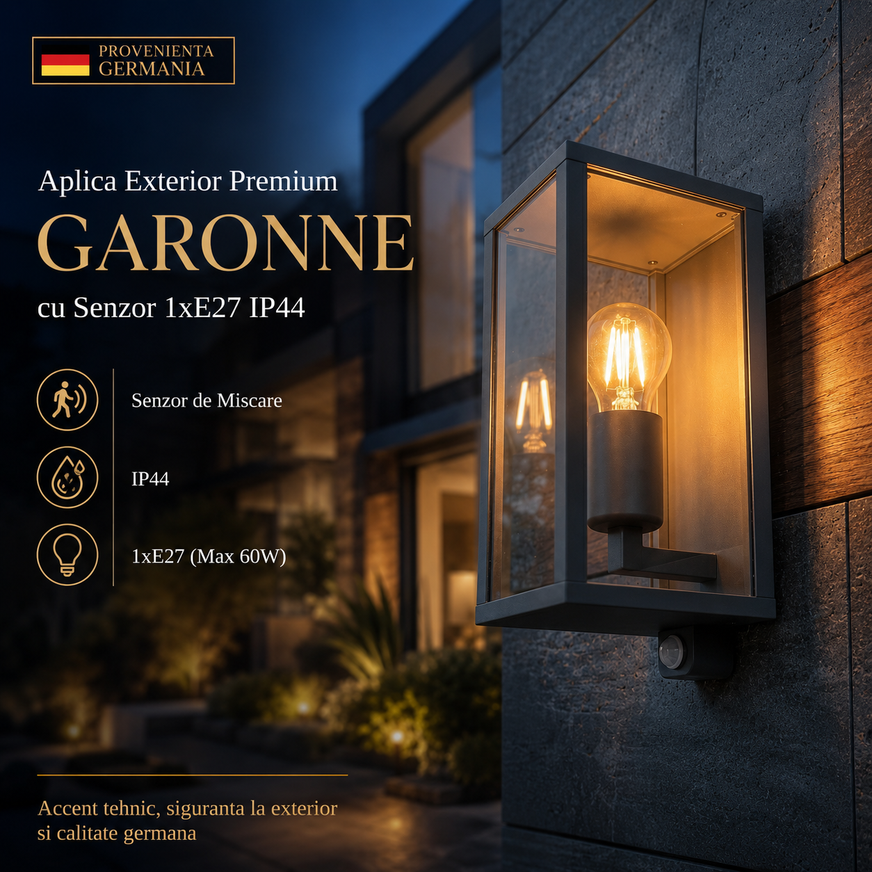 Aplica Exterior Premium GARONNE cu Senzor 1xE27 IP44