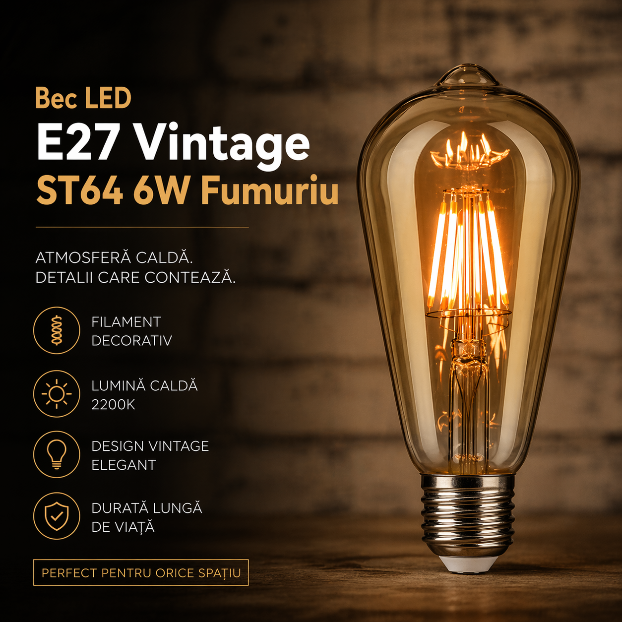 Bec LED E27 Vintage ST64 6W Fumuriu 2200K