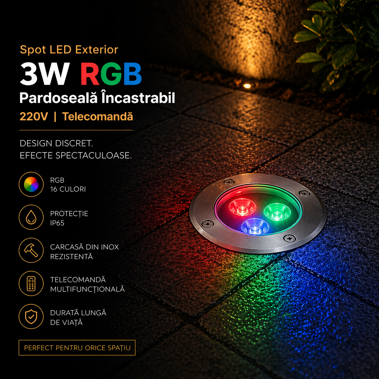 Spot LED Exterior 3W RGB Pardoseala Incastrabil 220V Telecomanda