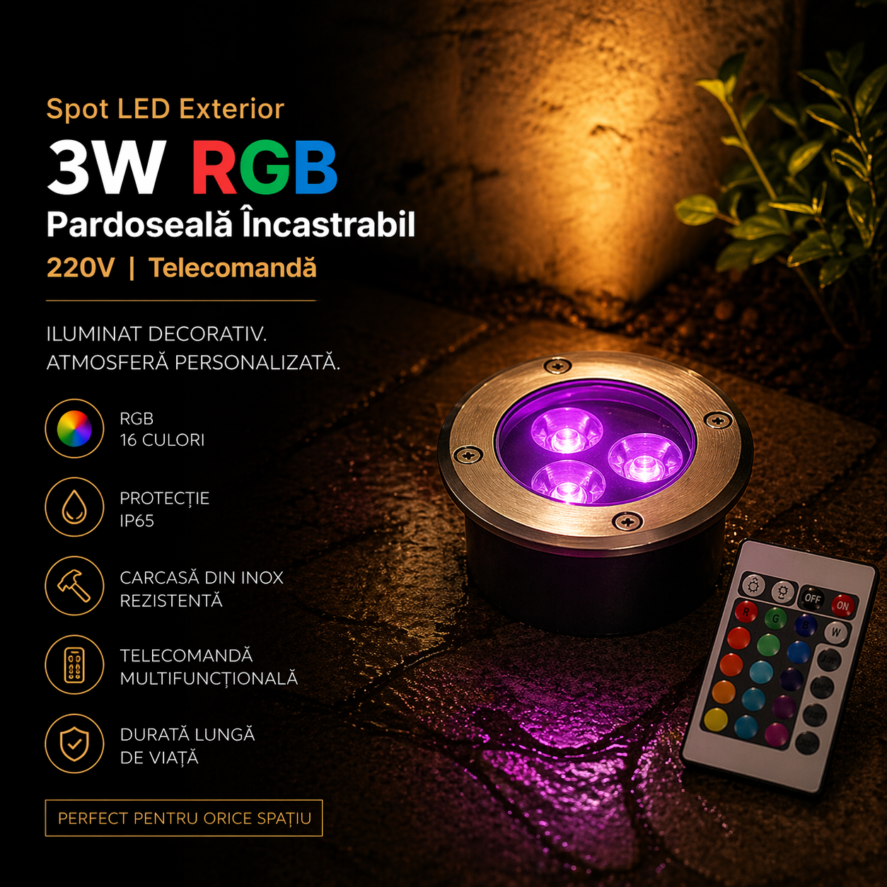 Spot LED Exterior 3W RGB Pardoseala Incastrabil 220V Telecomanda
