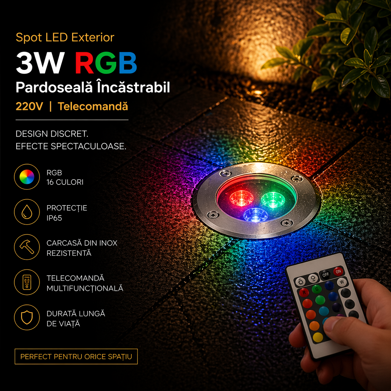 Spot LED Exterior 3W RGB Pardoseala Incastrabil 220V Telecomanda