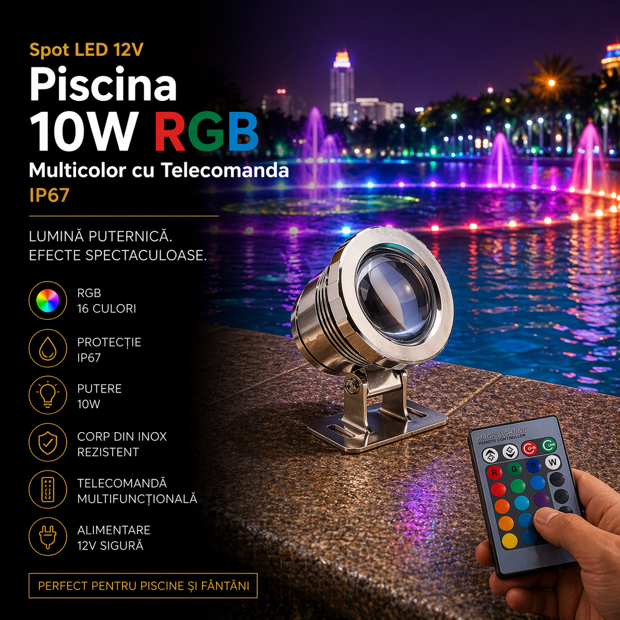 Spot LED 12V Piscina 10W RGB Multicolor cu Telecomanda IP67