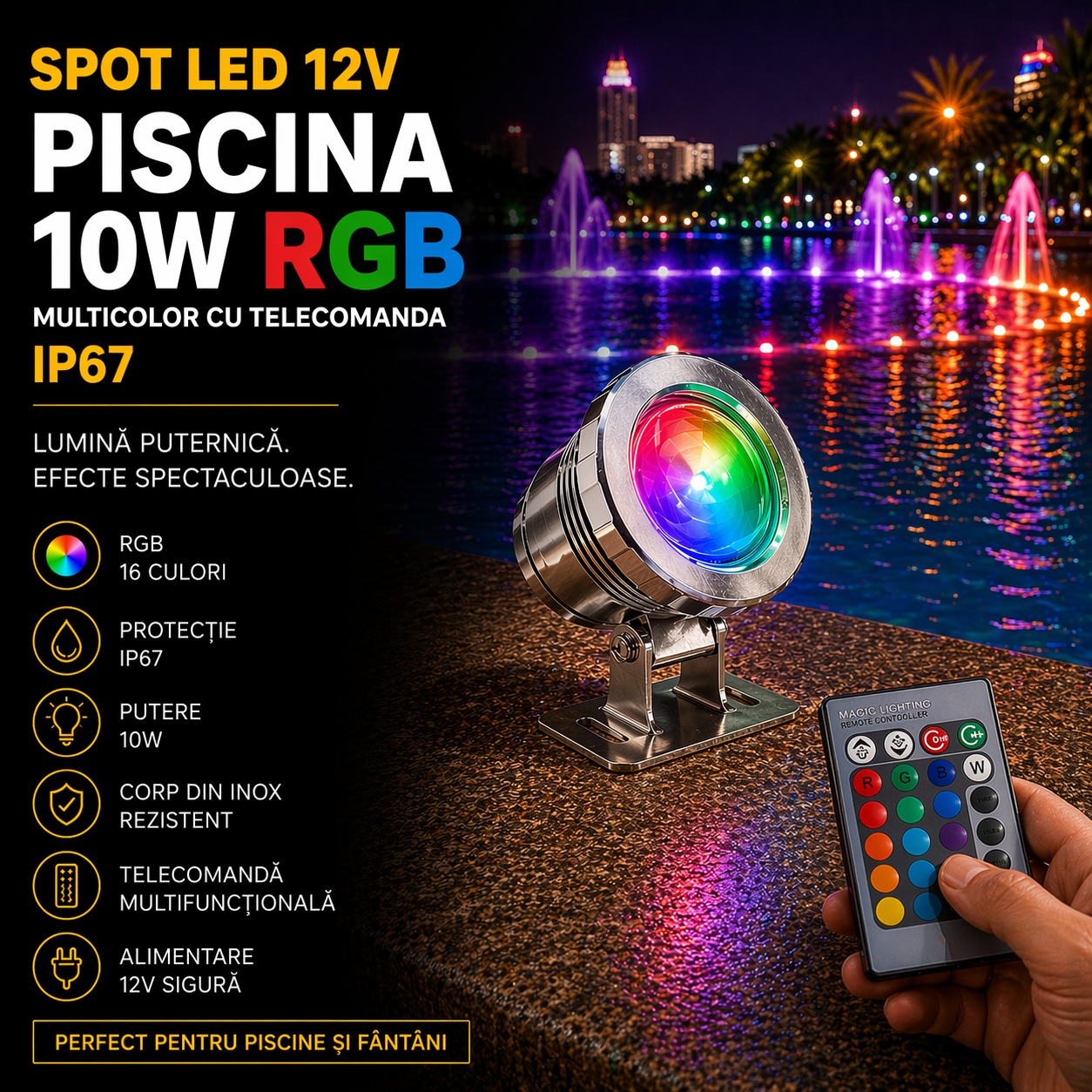 Spot LED 12V Piscina 10W RGB Multicolor cu Telecomanda IP67