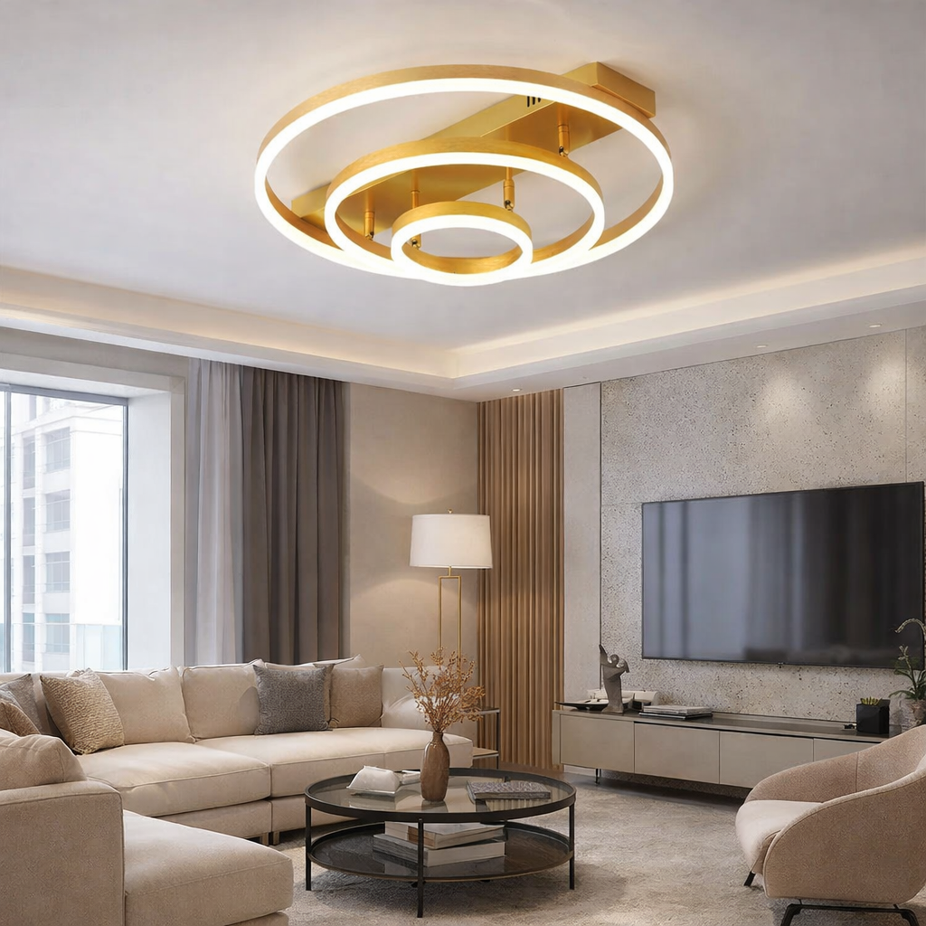 Lustra LED Gold 3 Rings Reglabile Echivalent 800W Telecomanda