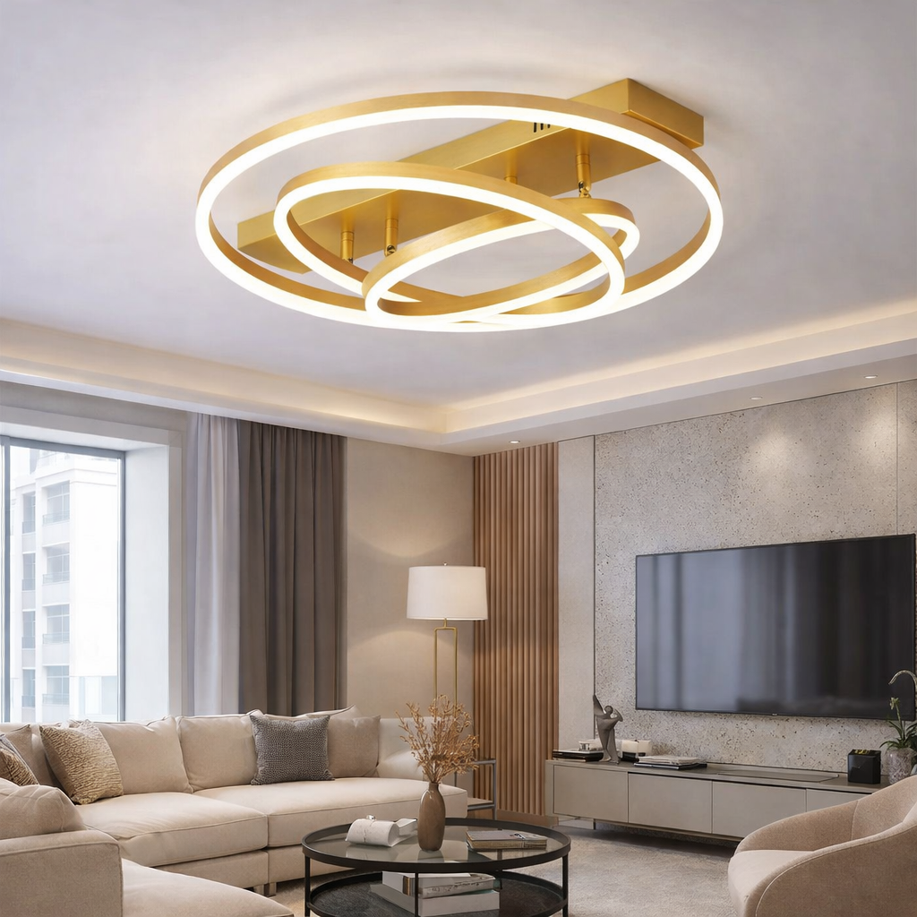 Lustra LED Gold 3 Rings Reglabile Echivalent 800W Telecomanda