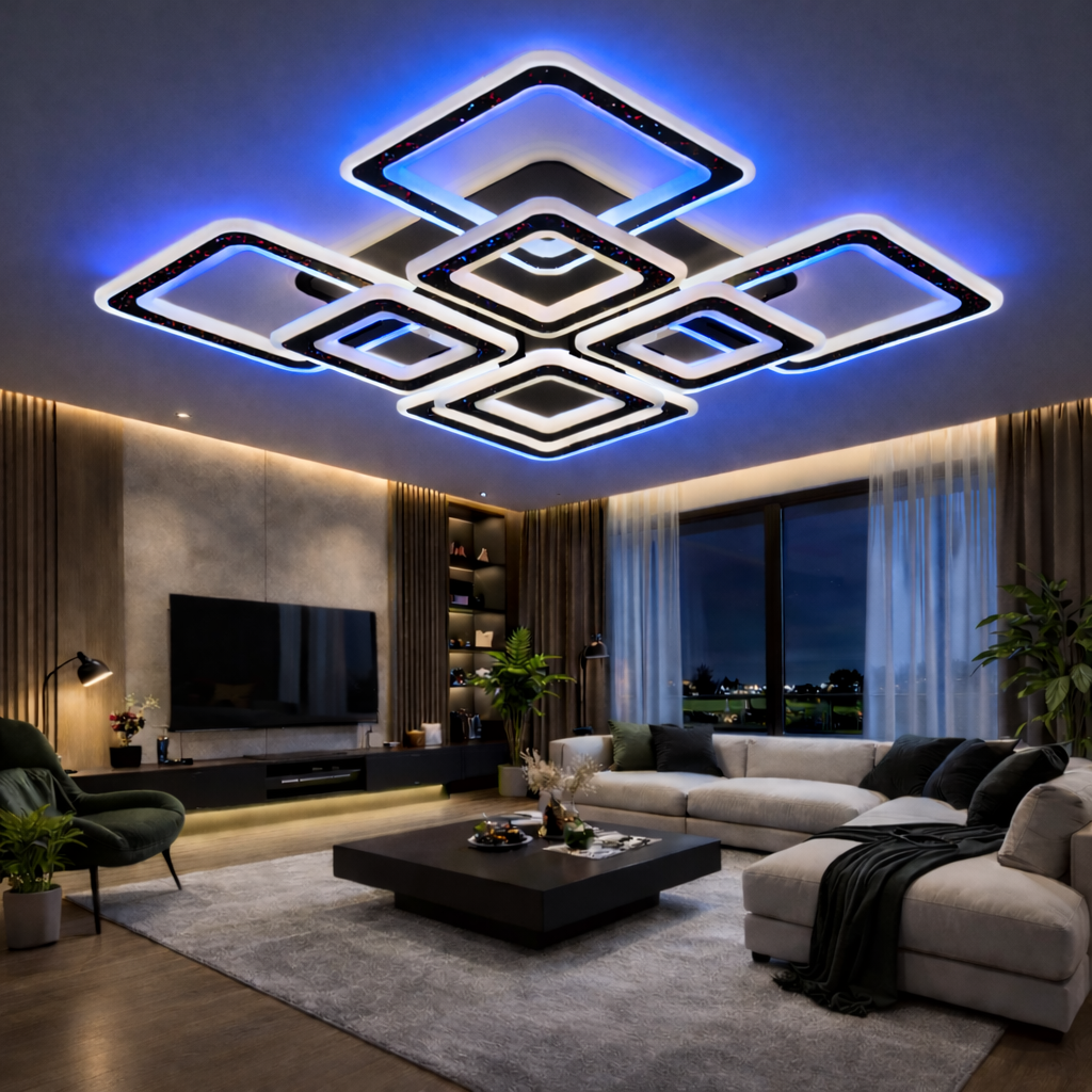 Lustra LED 4+4 Square GRIDLINE RGB Neagra Echivalent 1200W Telecomanda