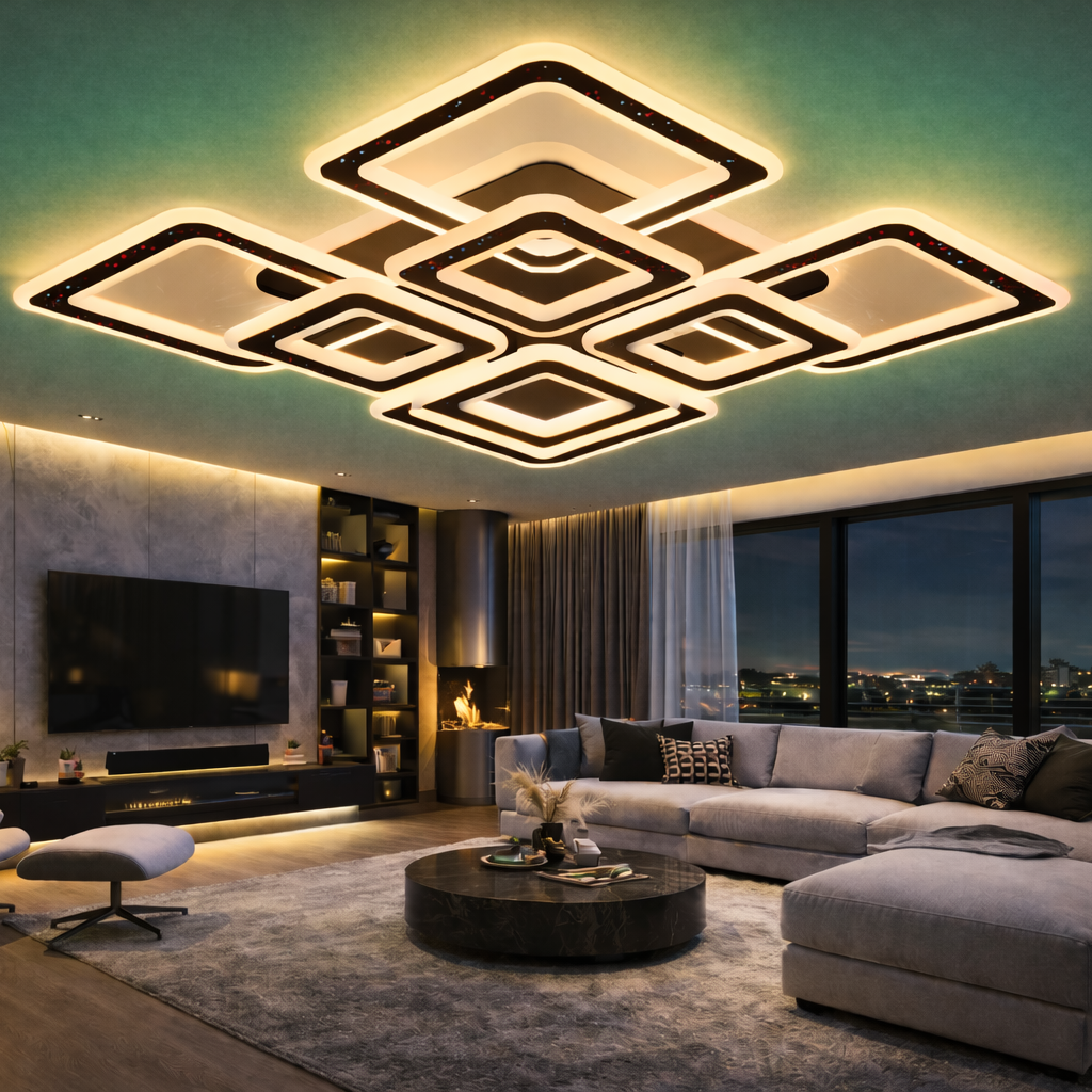 Lustra LED 4+4 Square GRIDLINE RGB Neagra Echivalent 1200W Telecomanda