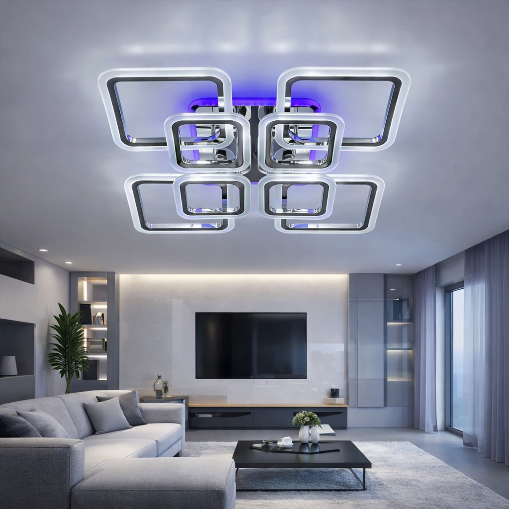 Lustra LED 4+4 SQUARE Gigant Silver RGB Echivalent 1200W Telecomanda