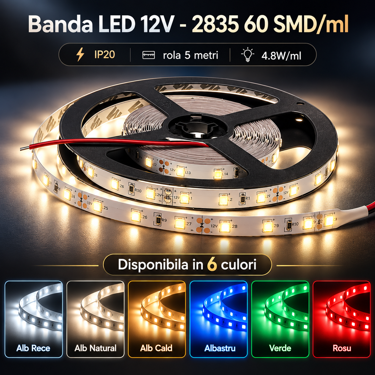 Banda LED 12V - 2835 60 SMD/ml IP20 - rola 5 metri