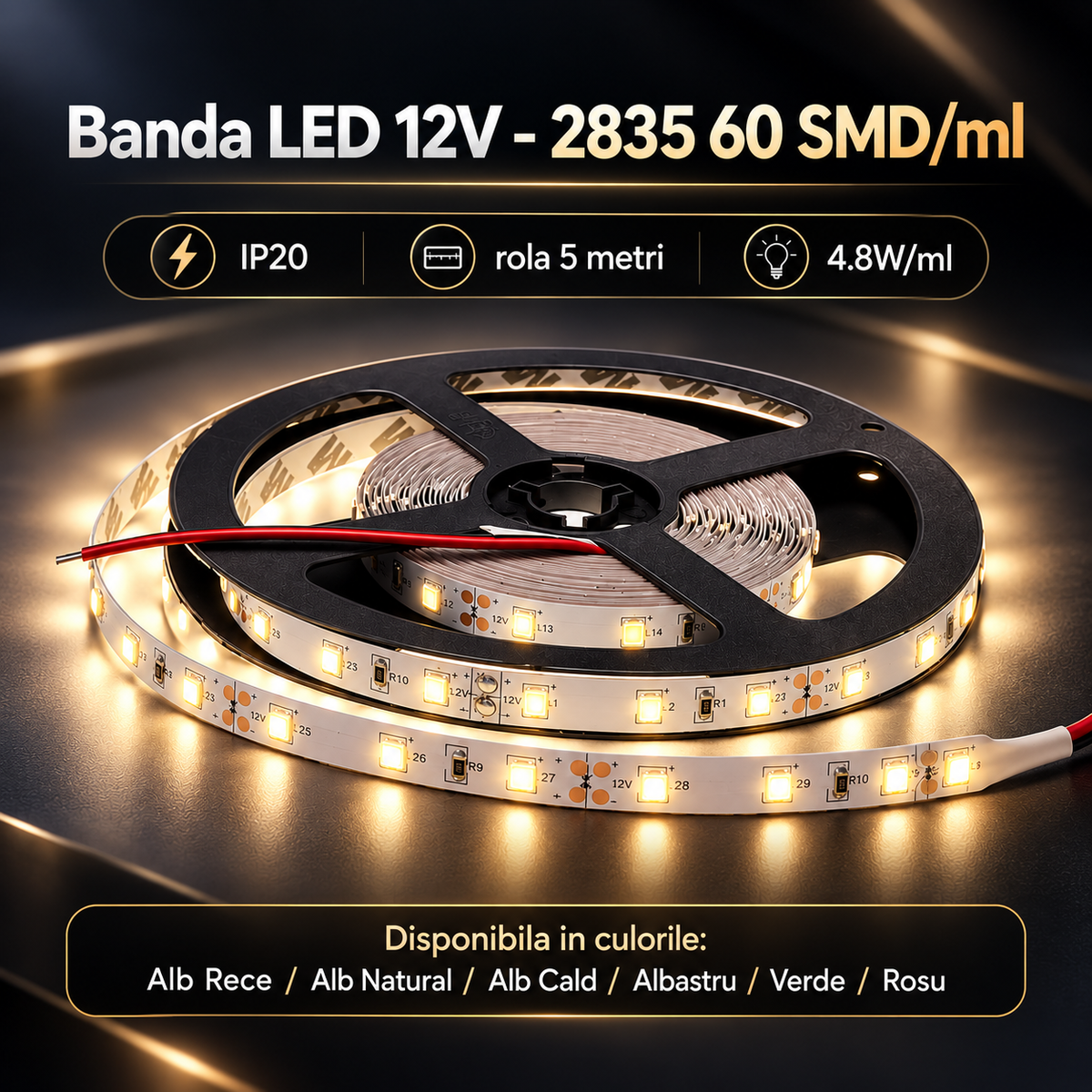 Banda LED 12V - 2835 60 SMD/ml IP20 - rola 5 metri
