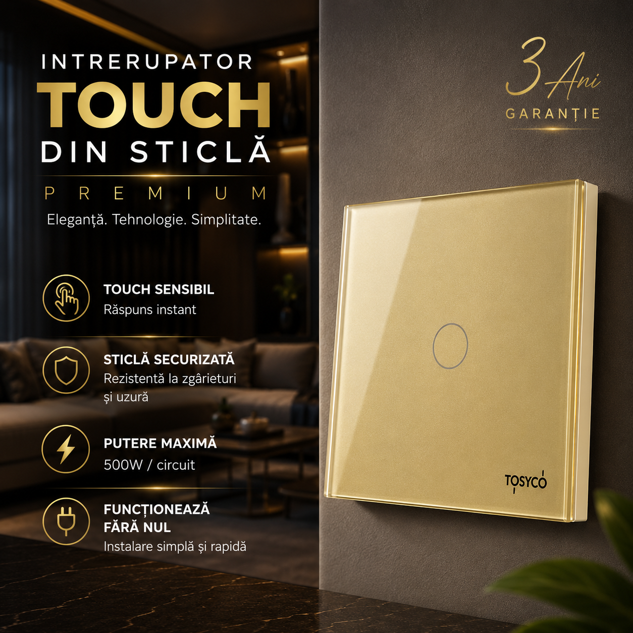 Intrerupator Auriu cu Touch din Sticla 1 Buton Premium