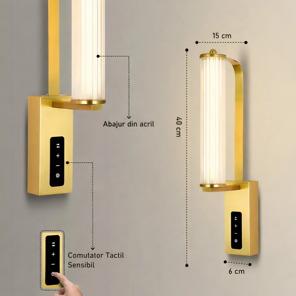 Aplica LED Perete GOLD SERANOVA Echivalent 100W 3 Lumini Reglaj Tactil