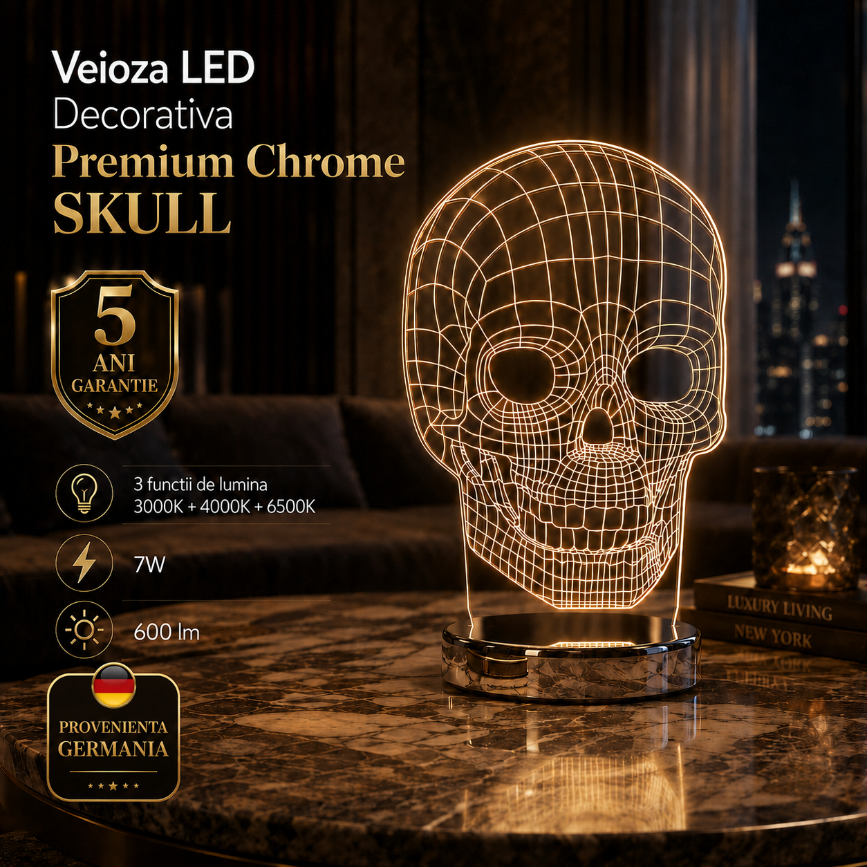 Veioza LED Decorativa Premium Chrome SKULL