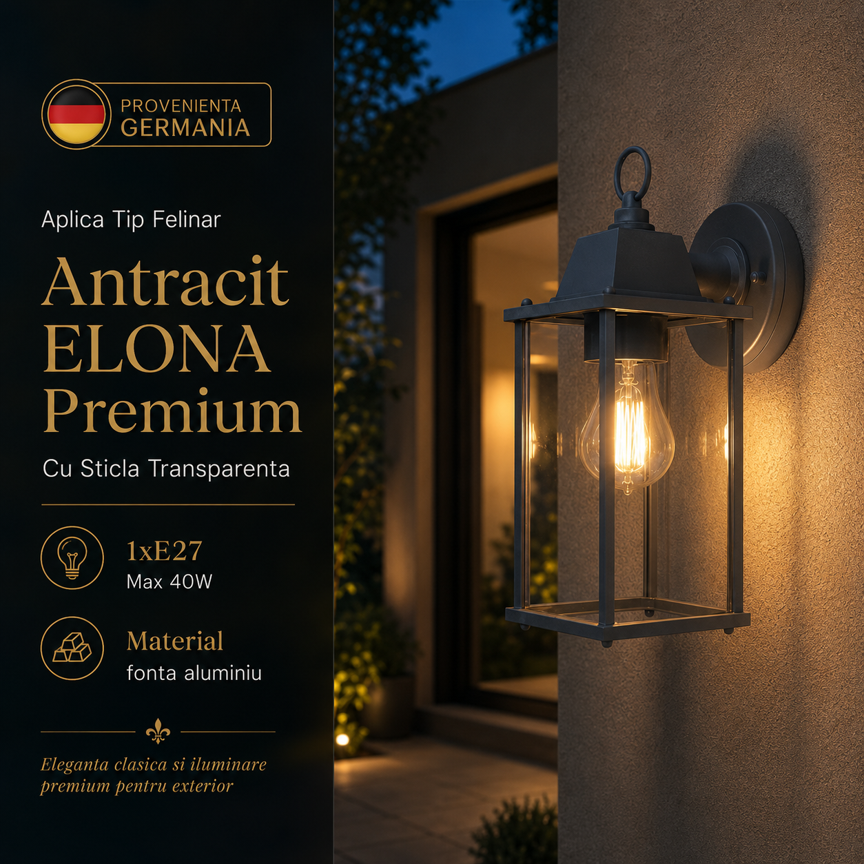 Aplica Tip Felinar Antracit ELONA Premium cu Sticla Transparenta