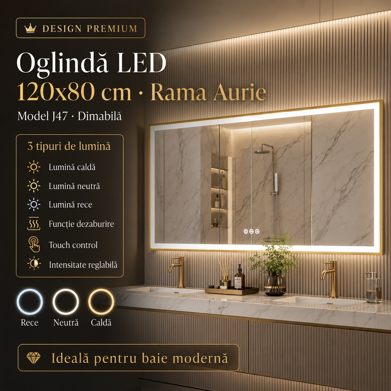 Oglinda LED 120x80cm, Rama Aurie, 3 Lumini, Functie Dezaburire si Touch J47