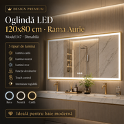 Oglinda LED 120x80cm, Rama Aurie, 3 Lumini, Functie Dezaburire si Touch J47