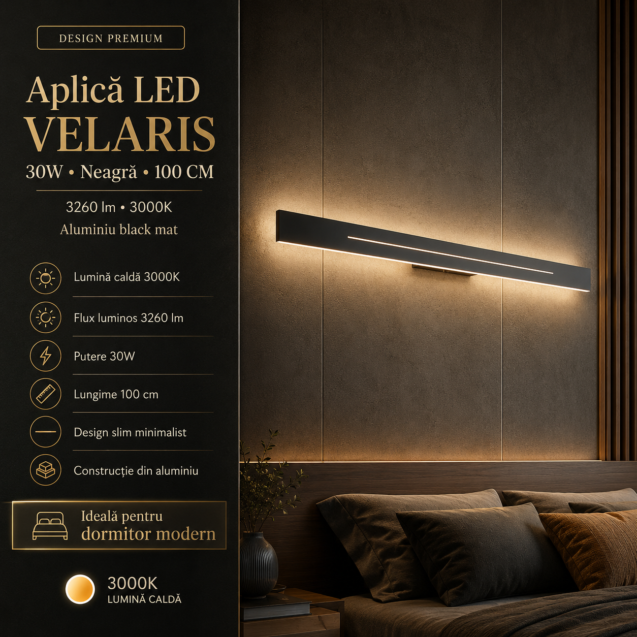 Aplica LED VELARIS 30W Neagra 100cm