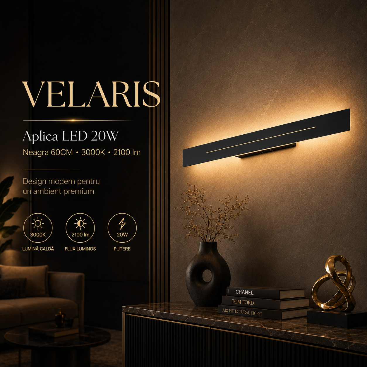 Aplica LED VELARIS 20W Neagra 60cm