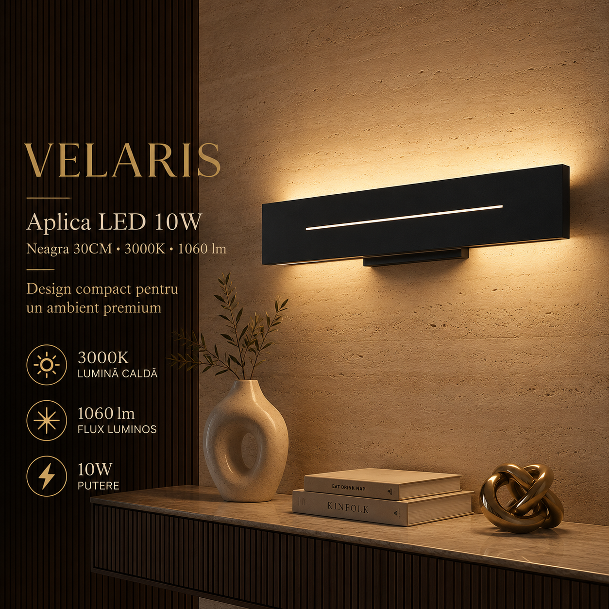 Aplica LED VELARIS 10W Neagra 30cm