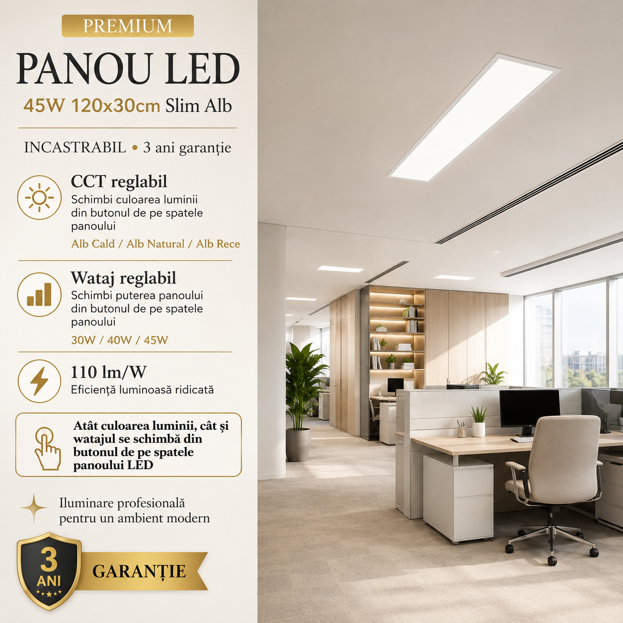 Panou LED 45W 120x30cm Slim Alb 3 Lumini PREMIUM