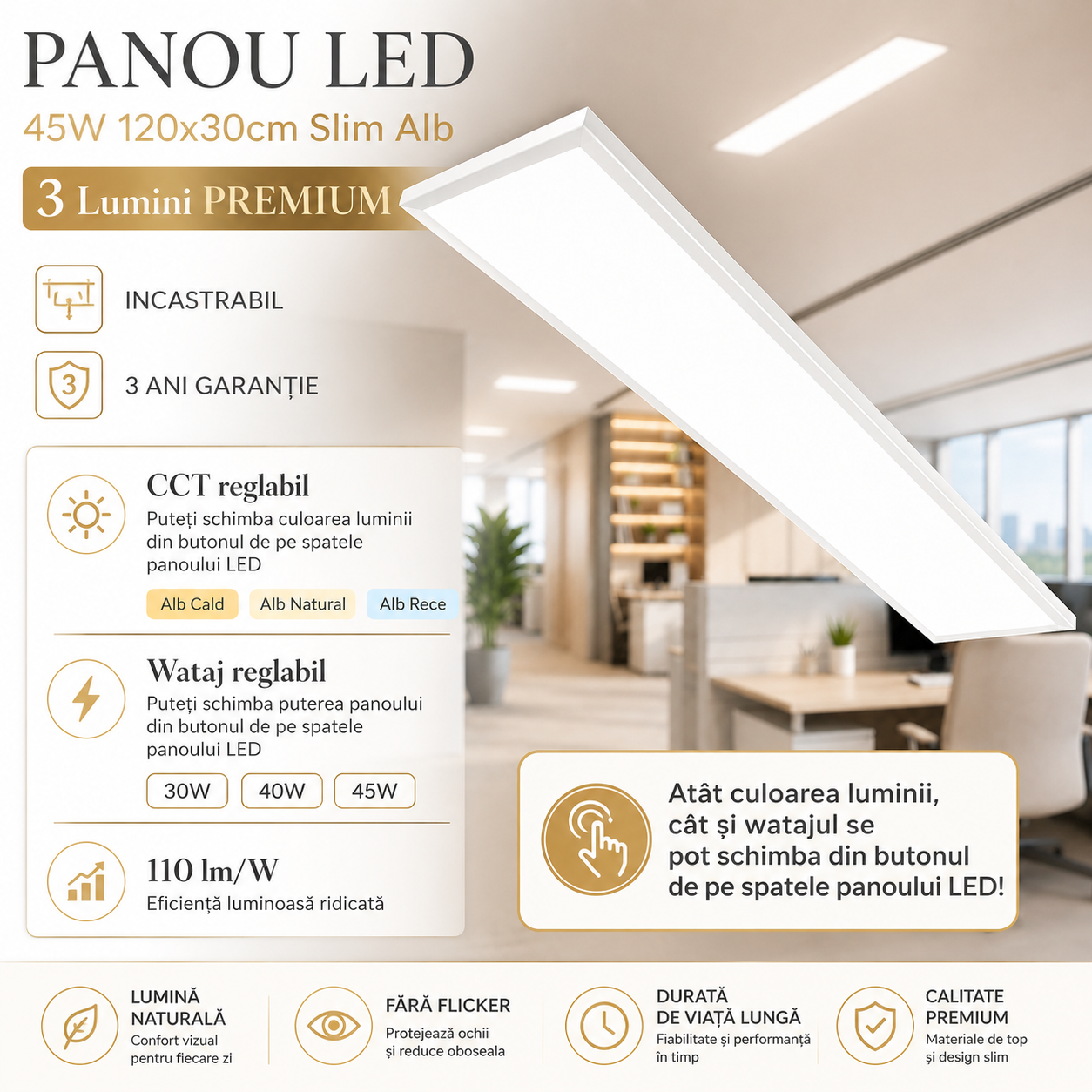 Panou LED 45W 120x30cm Slim Alb 3 Lumini PREMIUM