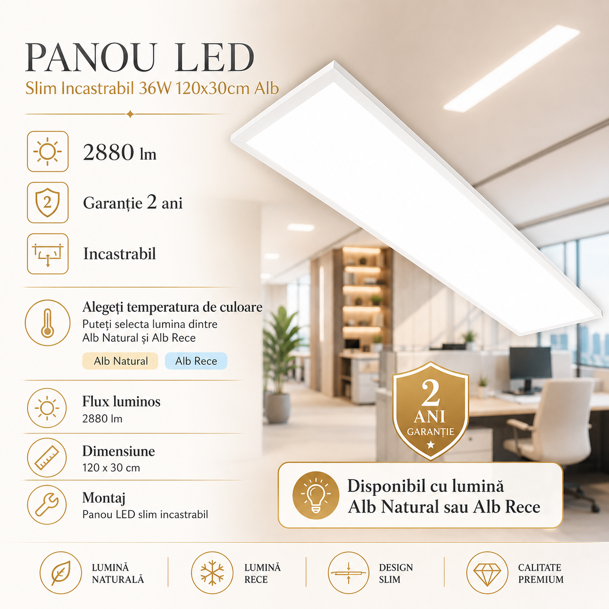 Panou LED Slim Incastrabil 36W 120x30cm Alb