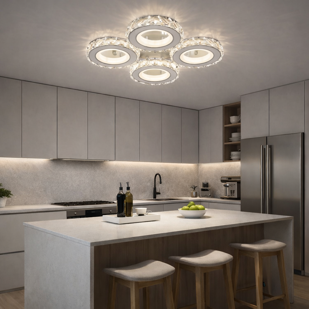 Lustra LED 4 RINGS Cristal Alba Echivalent 400W Telecomanda