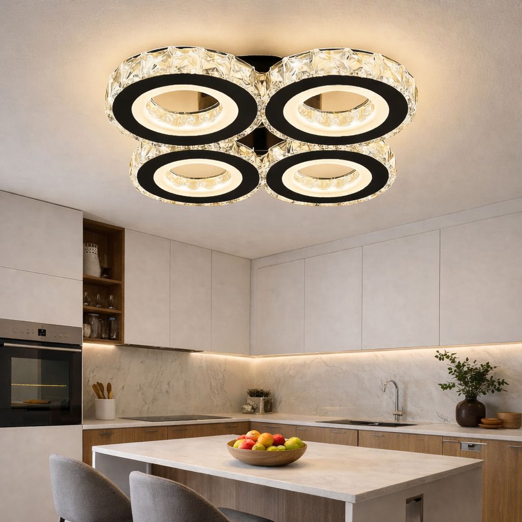 Lustra LED 4 RINGS Cristal Black Echivalent 400W Telecomanda