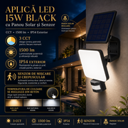 Aplica LED 15W Black cu Panou Solar si Senzor, CCT, 1500lm, IP54 Exterior