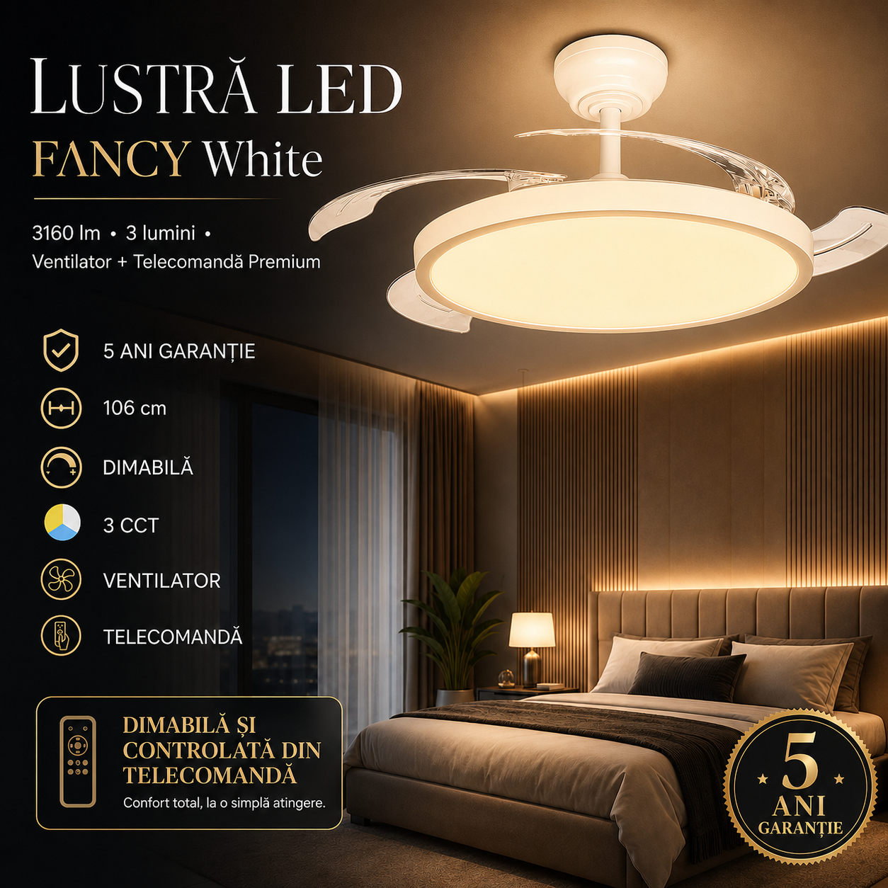 Lustra LED FANCY White, 3160lm, 3 lumini, Ventilator si Telecomanda Premium