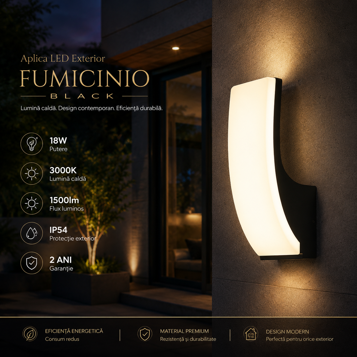 Aplica LED Exterior Fumicinio Black 18W 3000K 1500lm