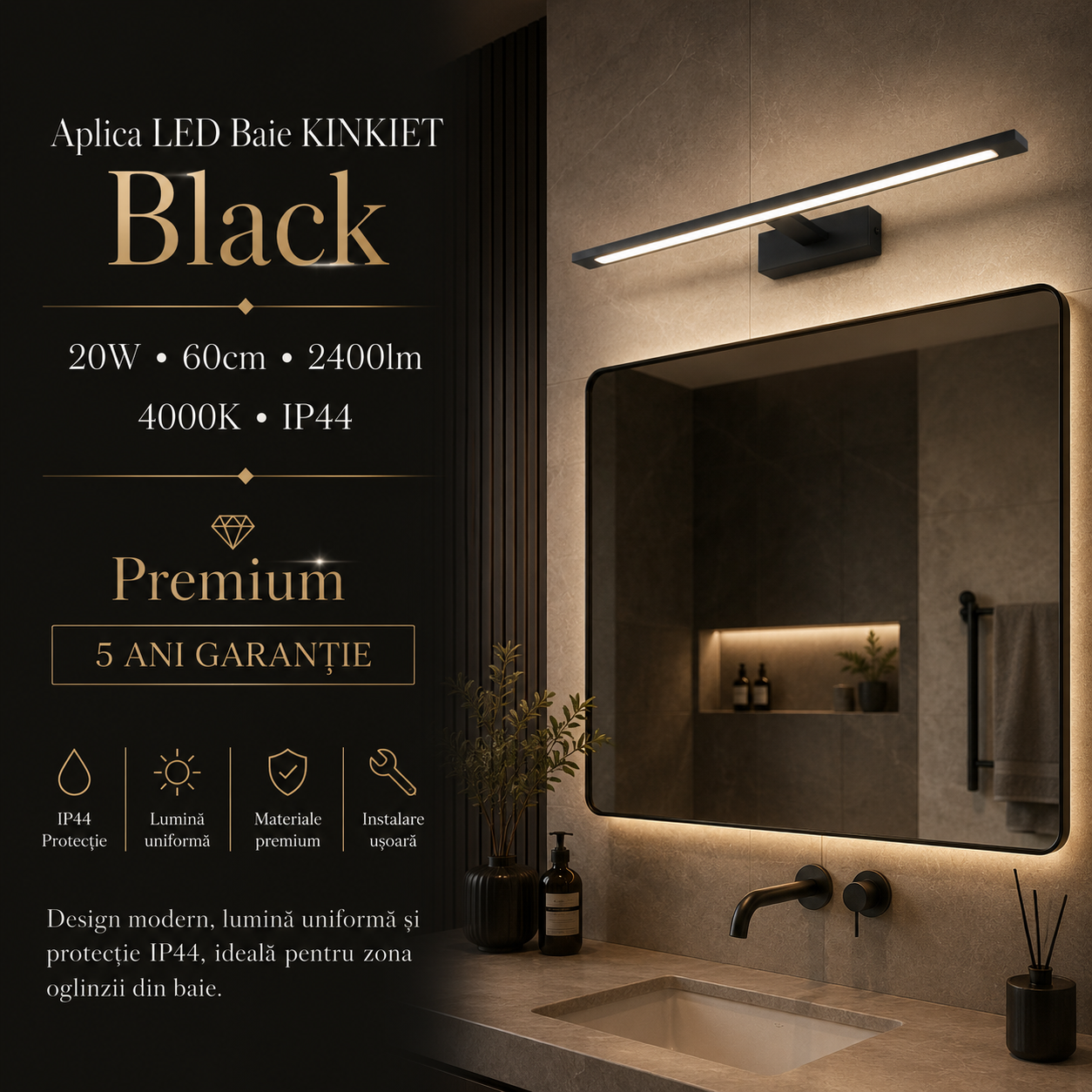 Aplica LED Baie KINKIET Black 20W, 60cm, 2400lm, 4000K, IP44 Premium