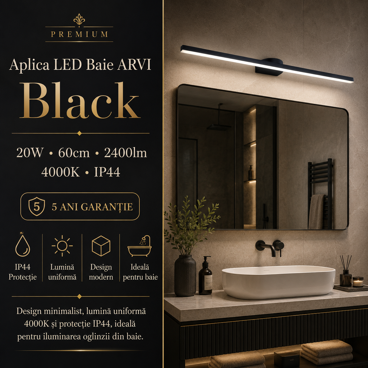 Aplica LED Baie ARVI Black 20W, 60cm, 2400lm, 4000K, IP44 Premium