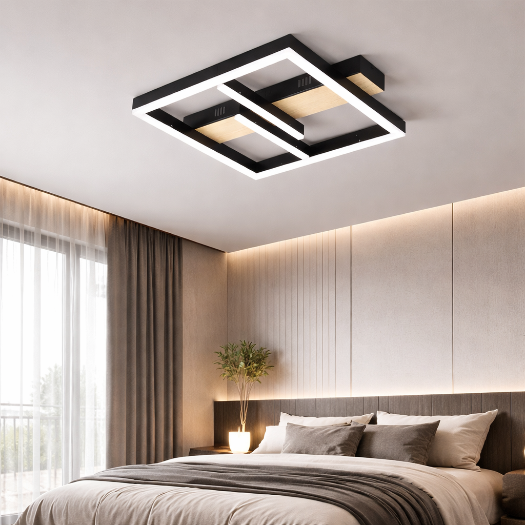 Lustra LED Square Zenn Black+Wood Echivalent 400W Telecomanda