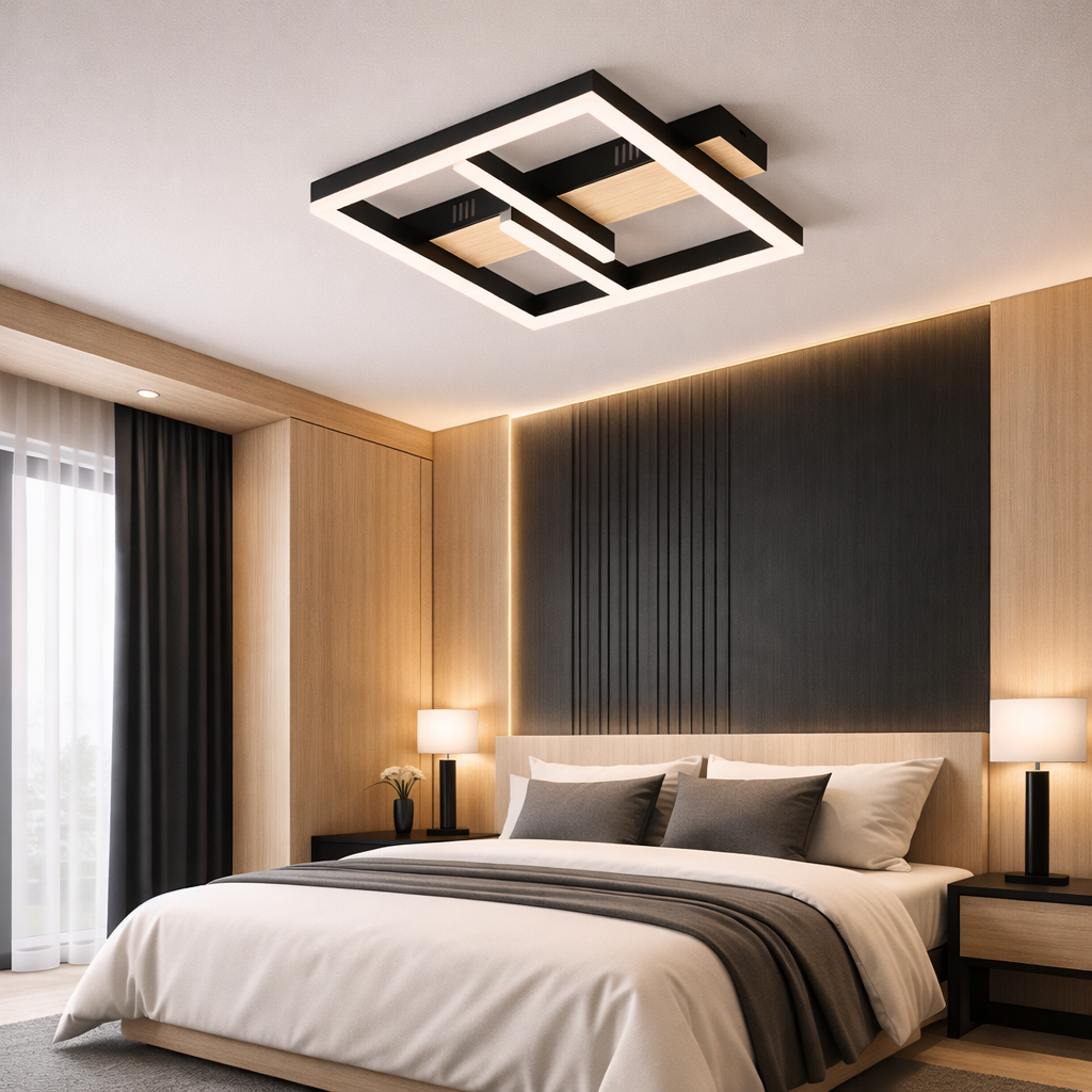 Lustra LED Square Zenn Black+Wood Echivalent 400W Telecomanda