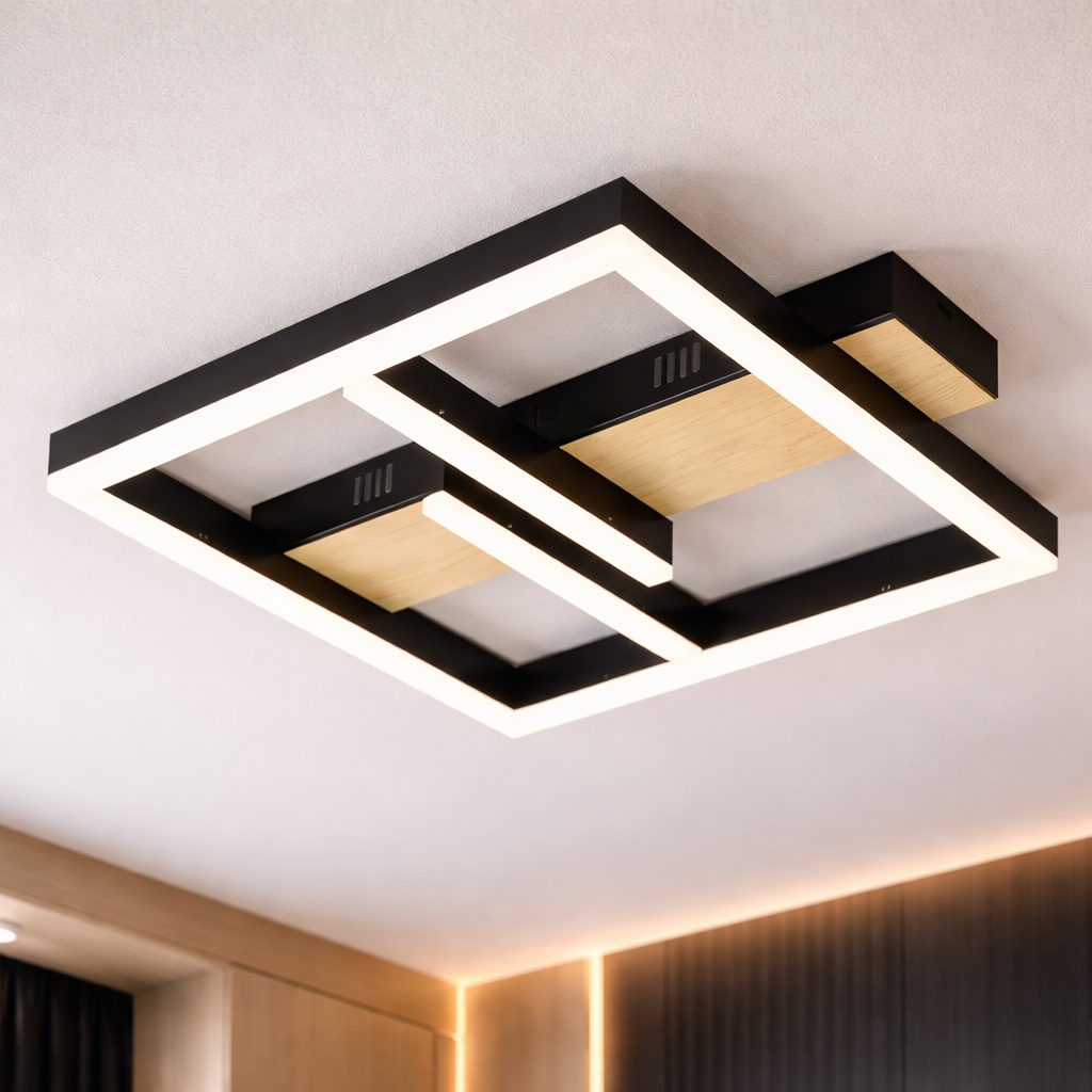 Lustra LED Square Zenn Black+Wood Echivalent 400W Telecomanda