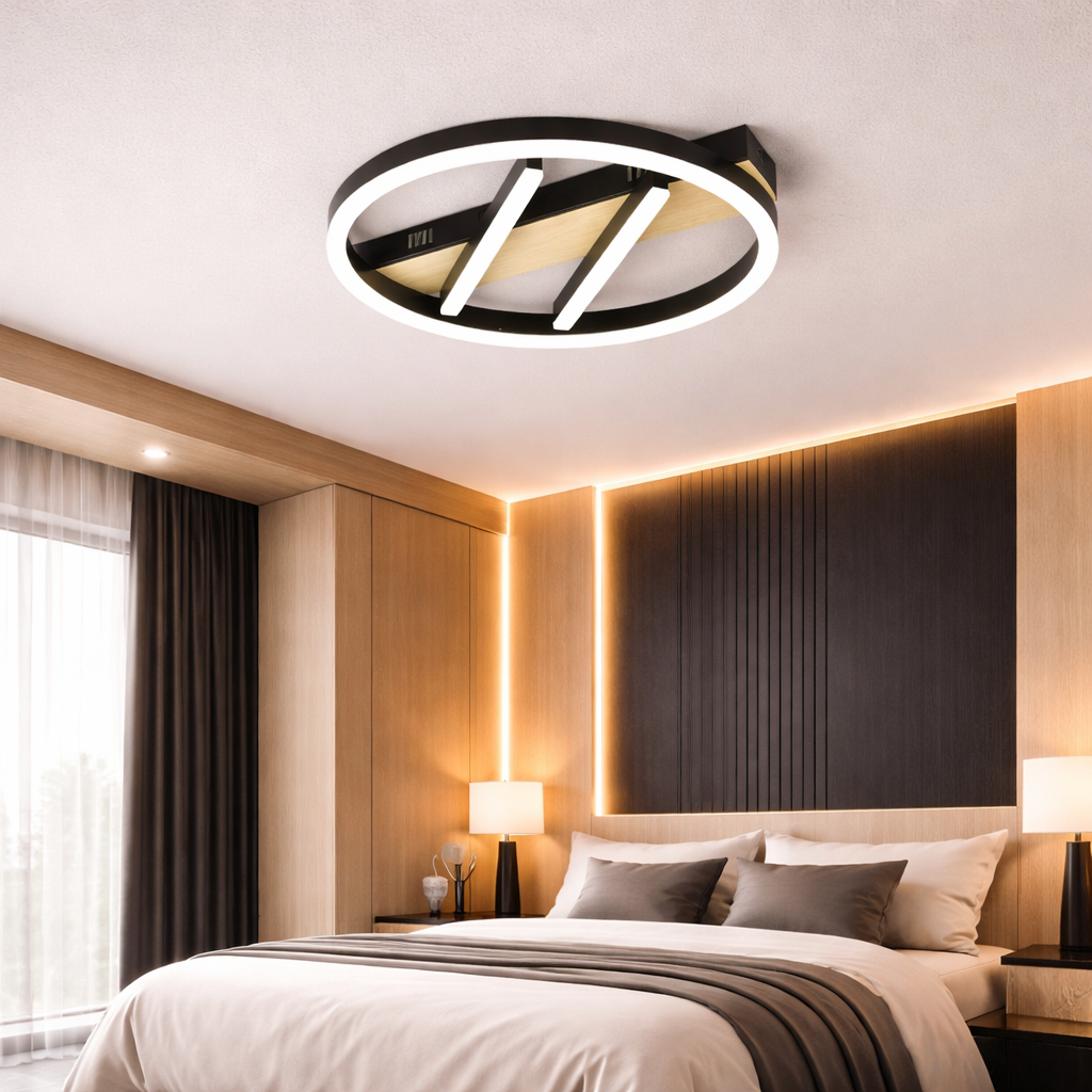 Lustra LED Round Zenn Black+Wood Echivalent 400W Telecomanda