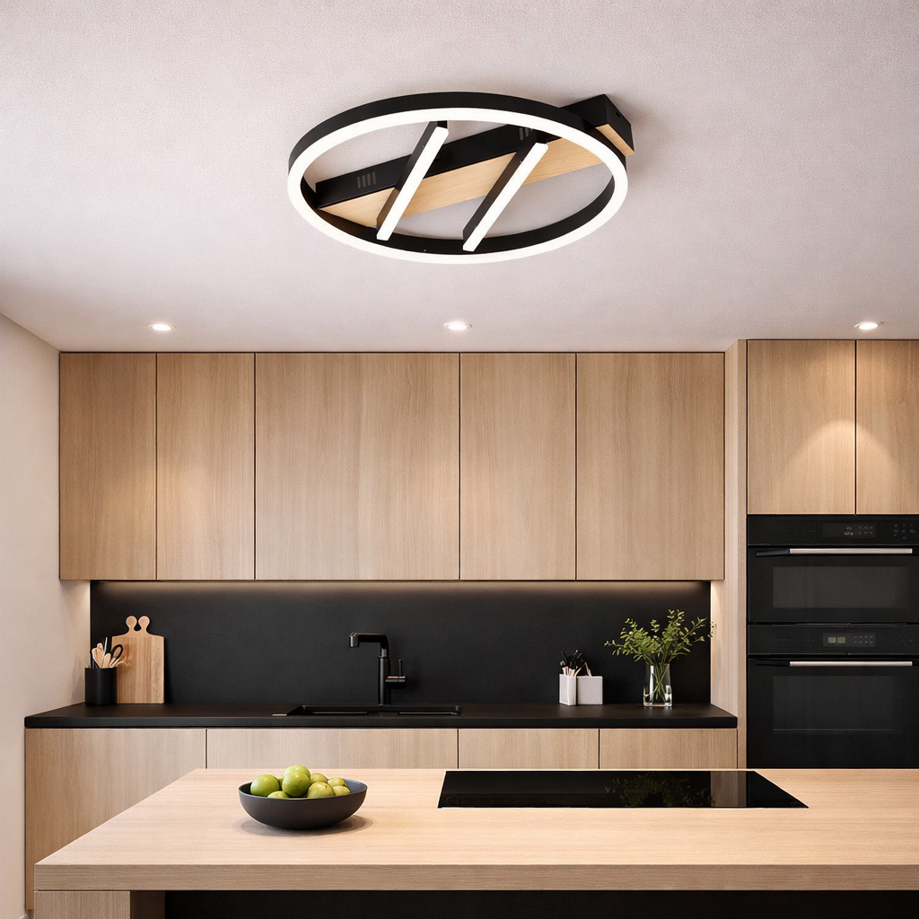 Lustra LED Round Zenn Black+Wood Echivalent 400W Telecomanda