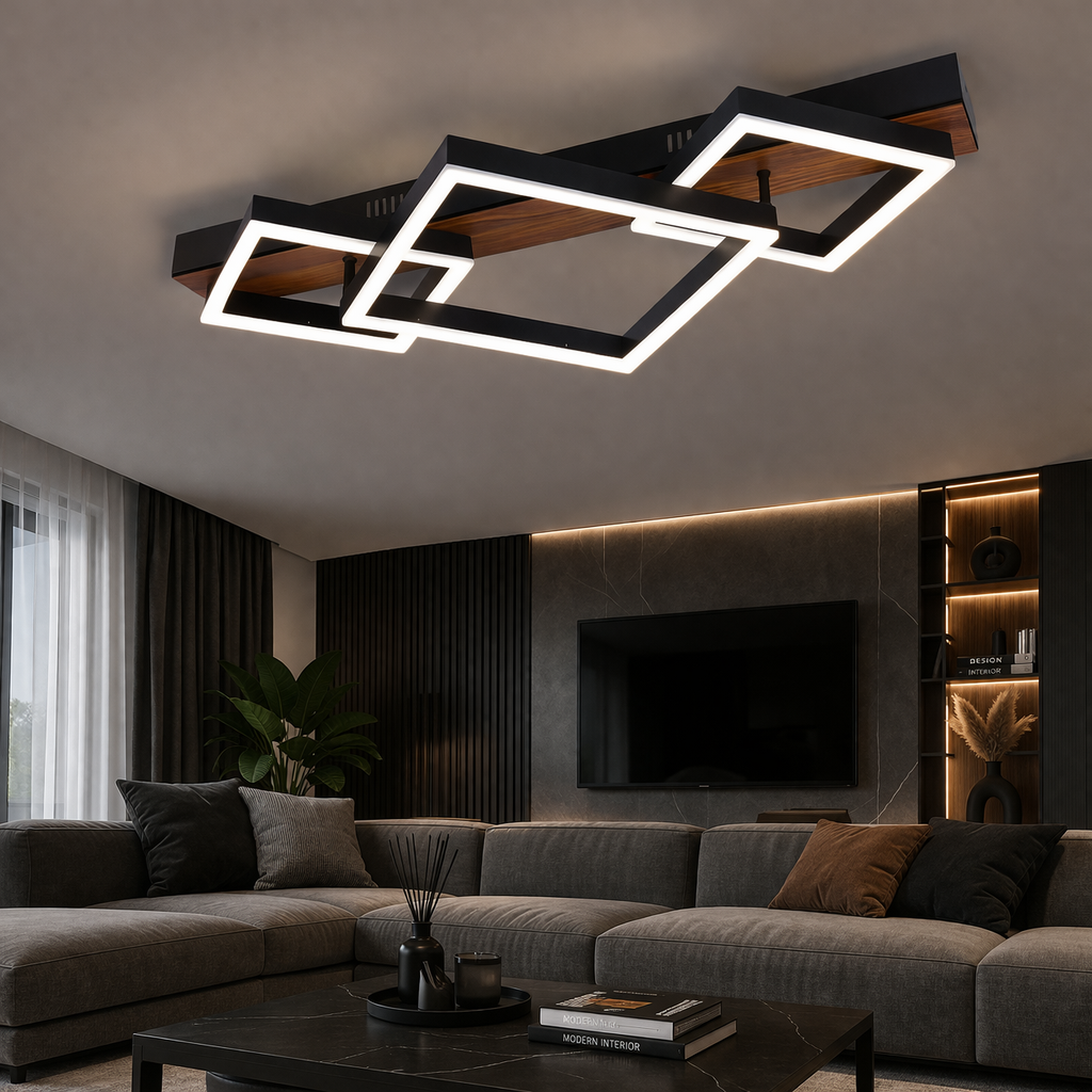 Lustra LED Zenn Three Diamonds Black+Wood Echivalent 600W Telecomanda