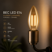 Bec LED E14 4W 2200K C35 Filament Lumanare Fumuriu Dimabil