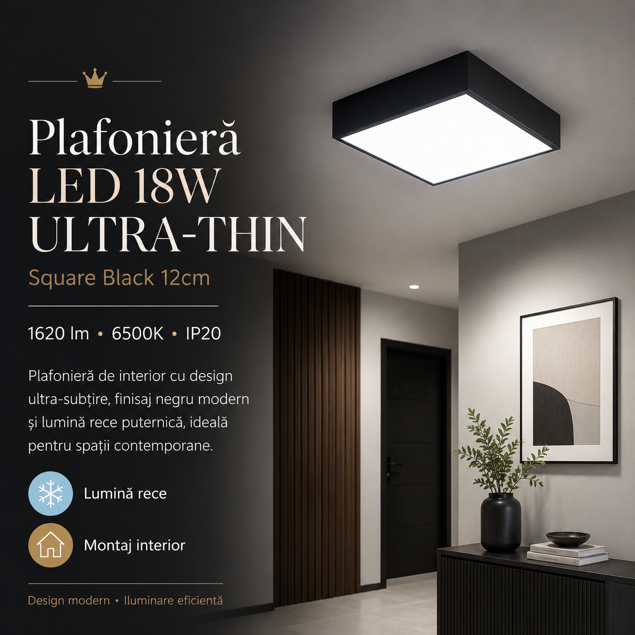 Plafoniera LED 18W ULTRA-THIN Square Black 12cm, 1620lm, 6500K