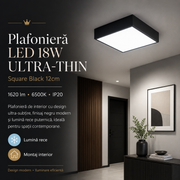 Plafoniera LED 18W ULTRA-THIN Square Black 12cm, 1620lm, 6500K