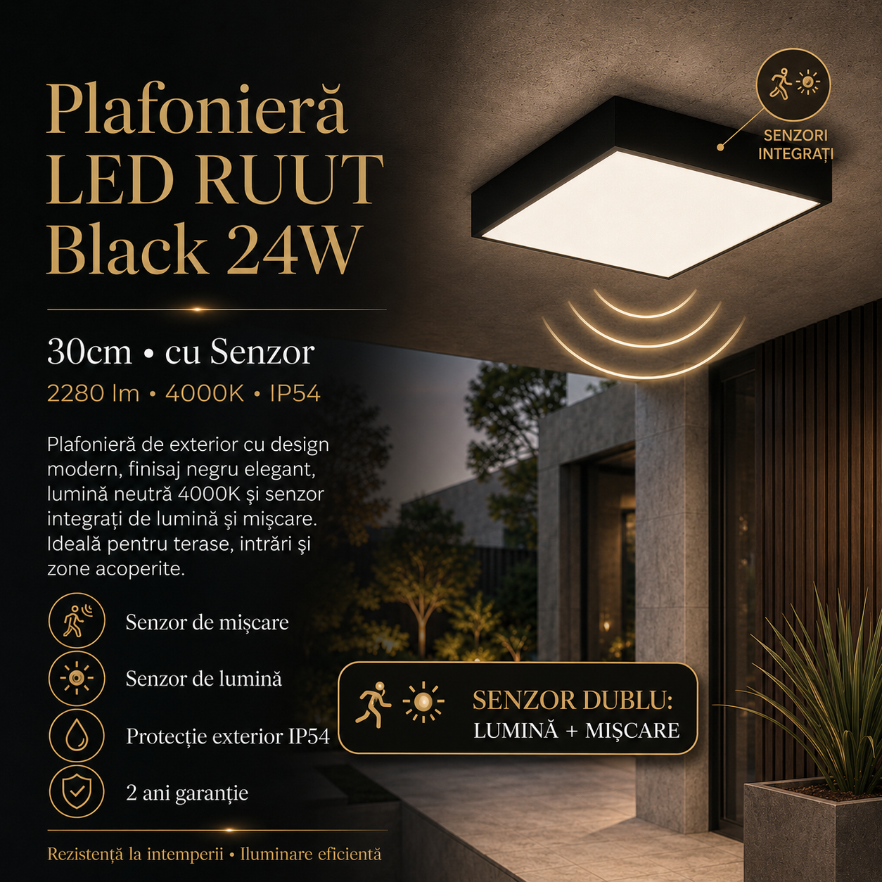 Plafoniera LED RUUT Black 24W, 30cm, 4000K, 2280lm, IP54 cu Senzor