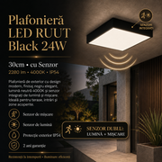 Plafoniera LED RUUT Black 24W, 30cm, 4000K, 2280lm, IP54 cu Senzor