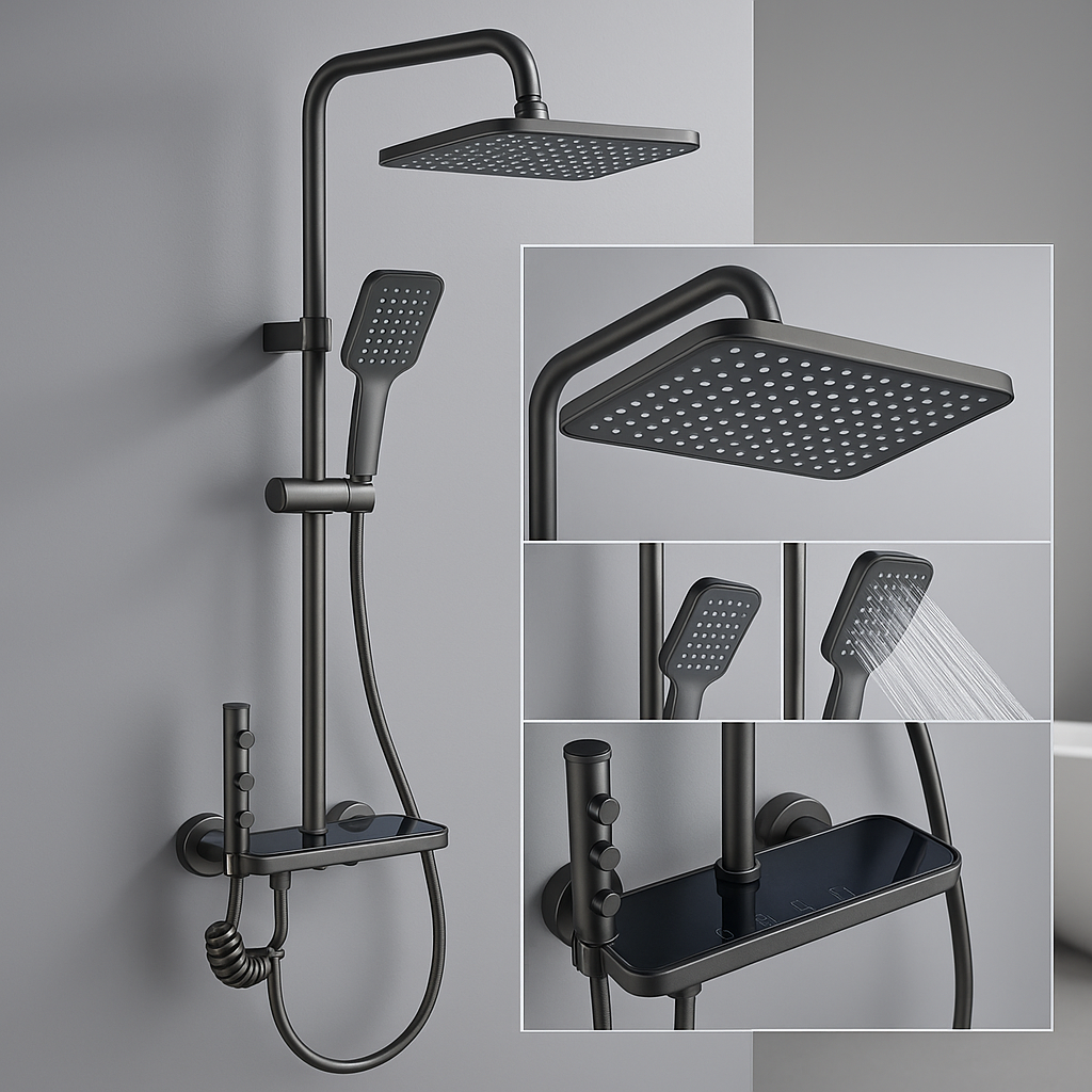 Coloana de Dus 4 Functii 1807 Negru Mat cu Polita din Sticla